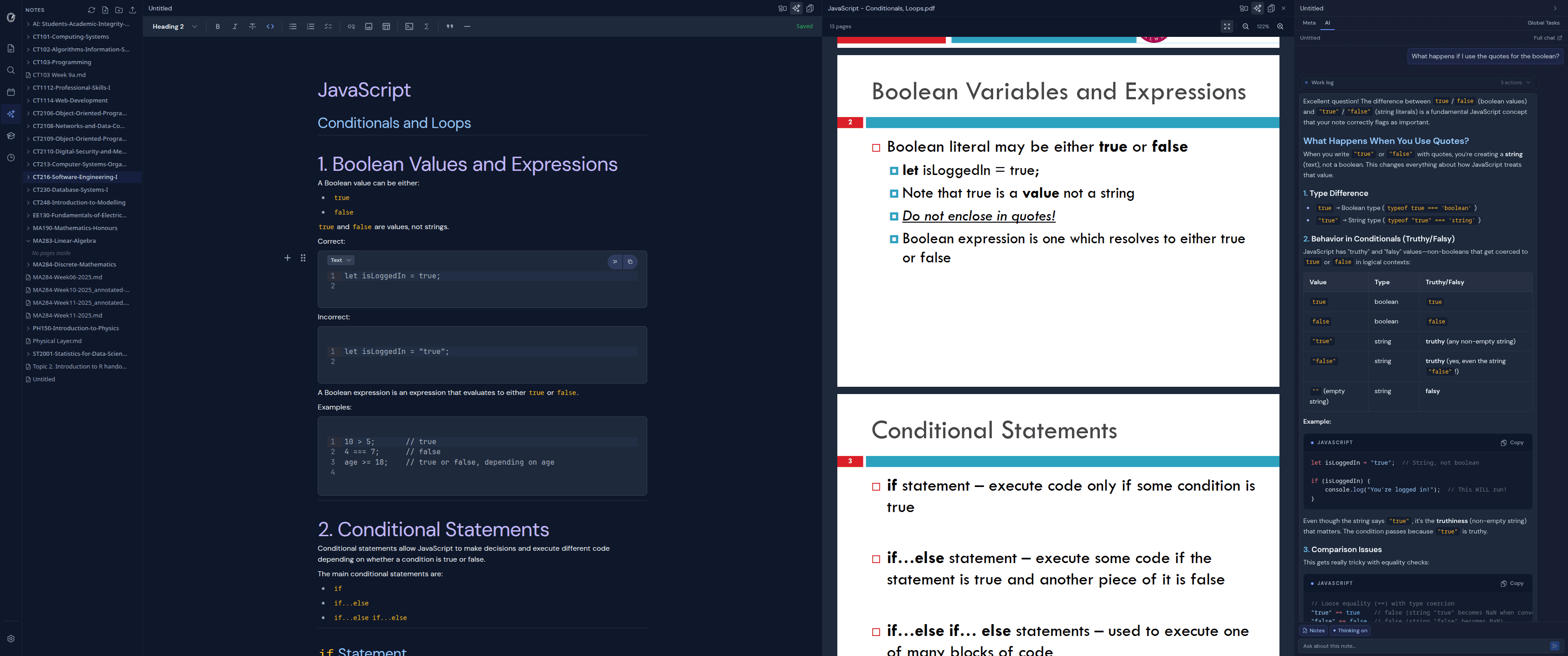 OghmaNotes workspace with course files, notes, and study chat